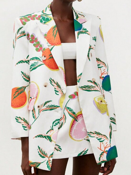 Multicolor Casual Women's Tropical Fruit Print Oversized Suit Jacket & Skort Set - Picture 3 of 7